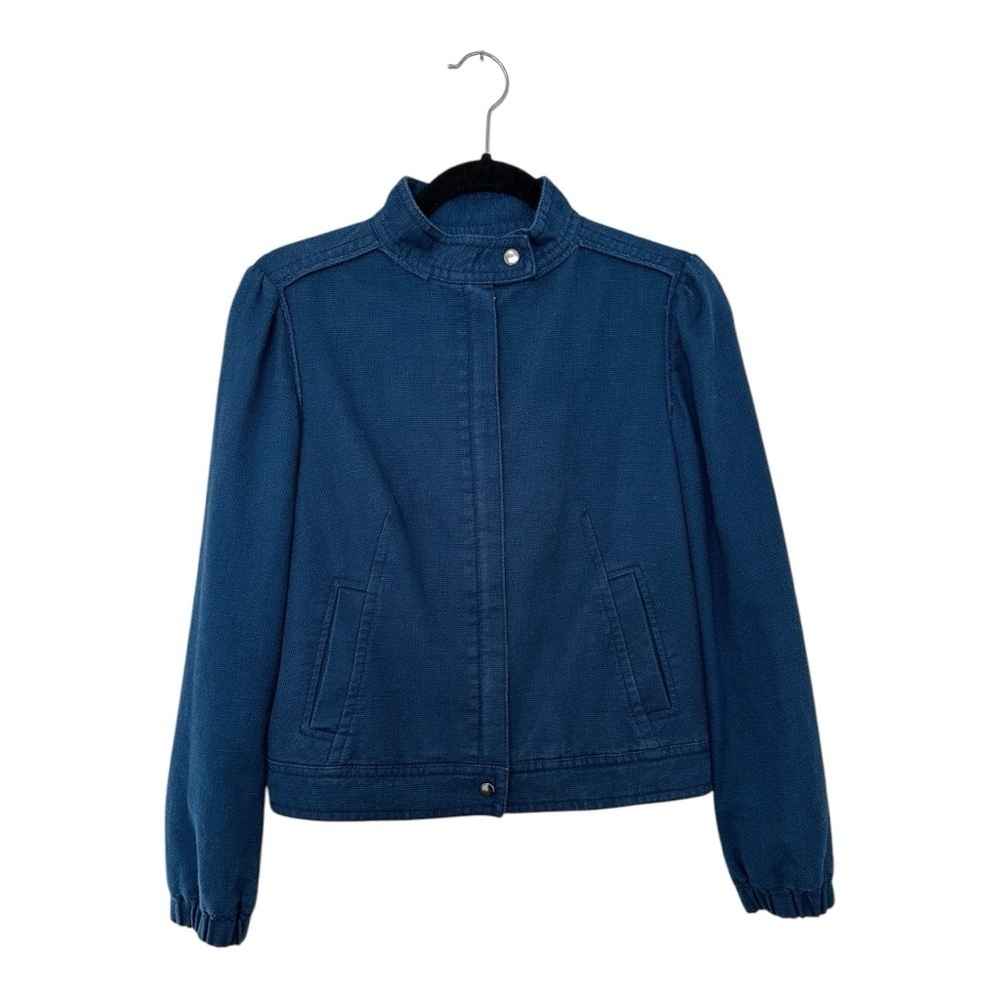 Gap Moto Jacket Mock Neck Zip Up Long Sleeve Linen Blend Blue Womens Small